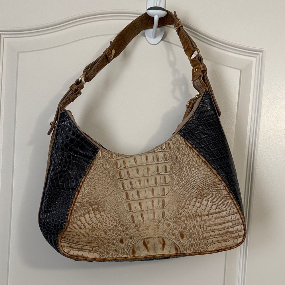Brahmin Black and Tan Croc-Embossed Hobo Bag